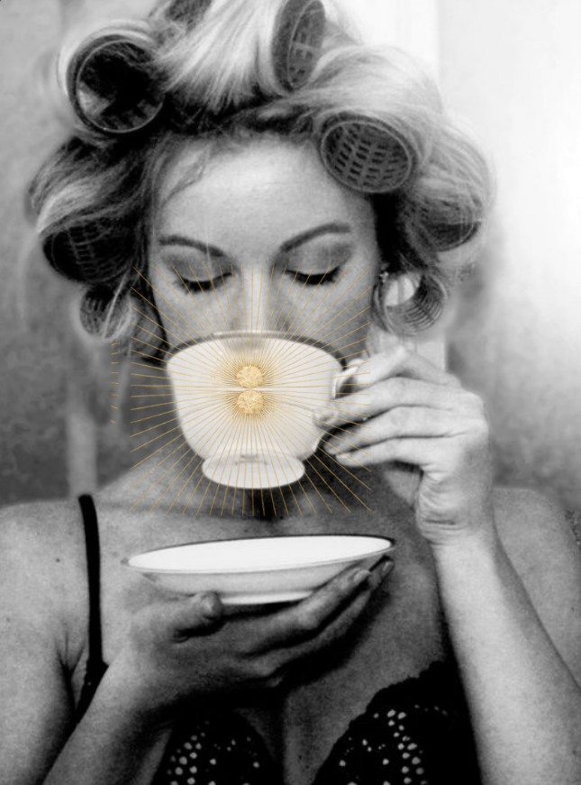Black-and-white portrait with a gold sunburst over a teacup