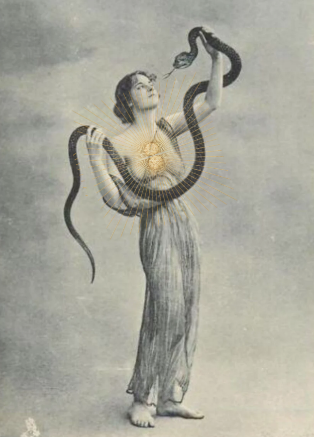 Vintage photograph of a dancer holding a serpent overhead with a gold sunburst